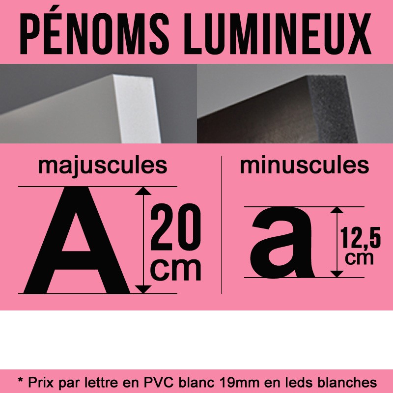 Prénom lumineux idée cadeau déco en PVC de 19 mm Hauteur capitale de 20 cm